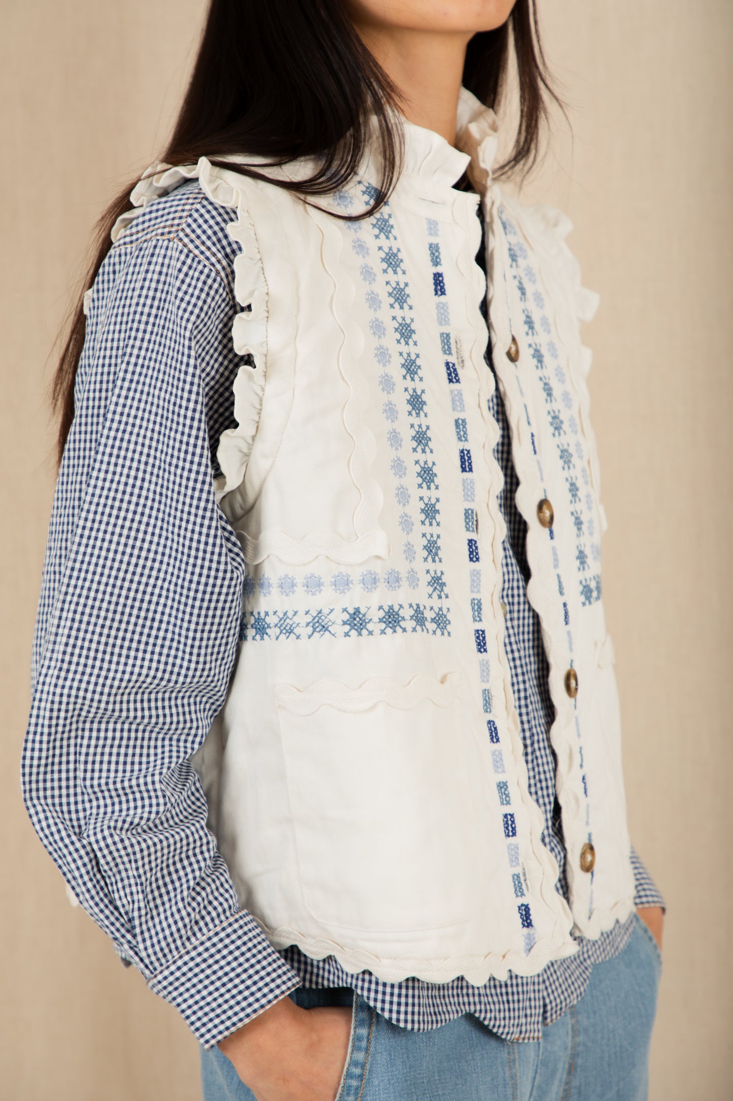 Gwen Gilet - Ecru / Blue